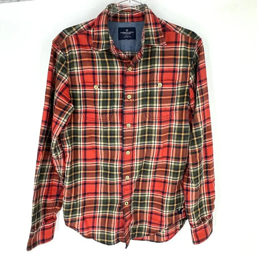 American Eagle Lightweight Cotton Plaid Long Sleeve Camp Shirt Red Green Brown M